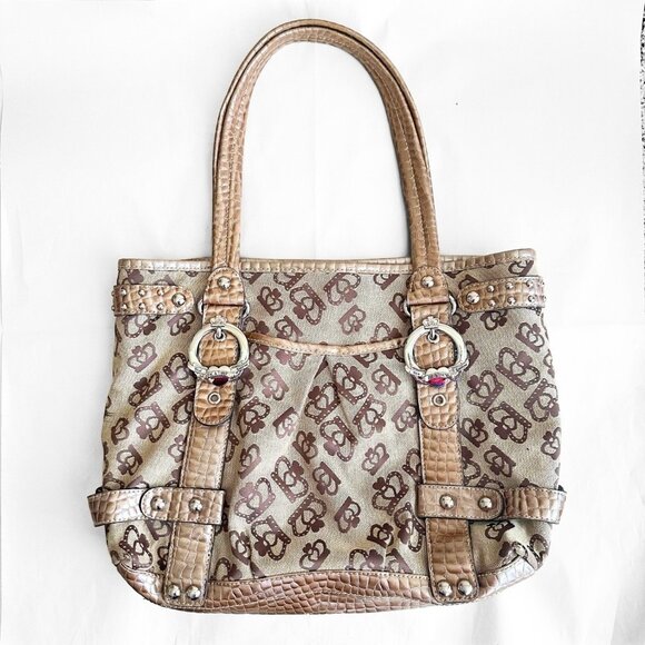 Kathy Van Zeeland Crown Print Canvas Studded Y2K Purse Shoulder / Hand Bag Beige - Picture 1 of 16